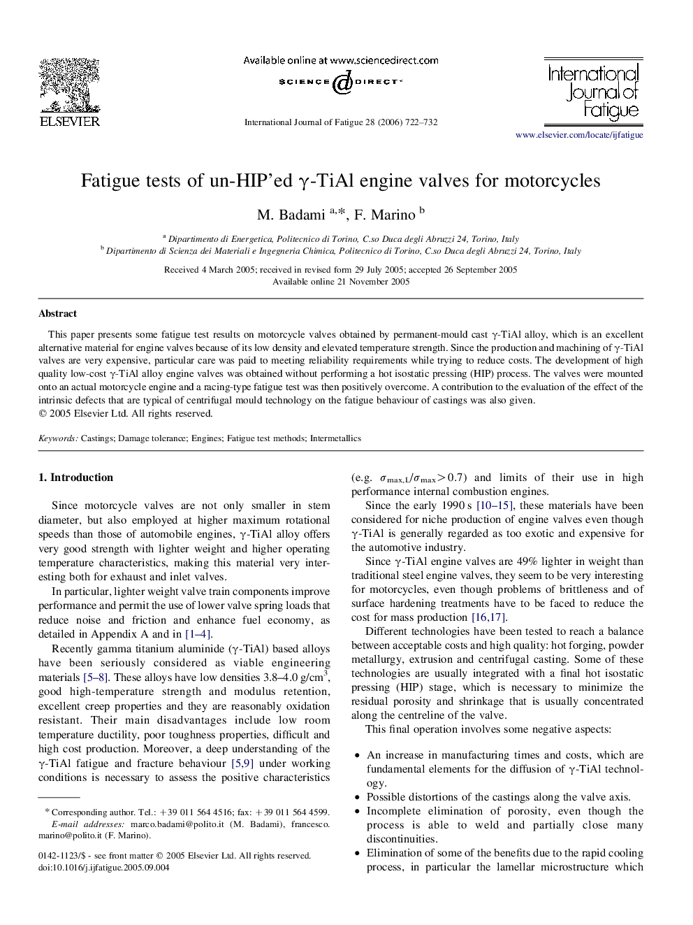 Fatigue tests of un-HIP'ed γ-TiAl engine valves for motorcycles