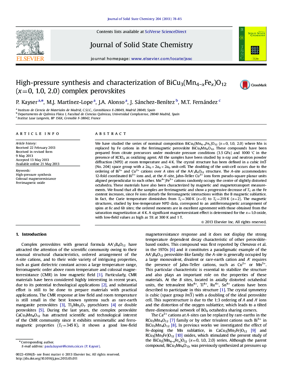 High-pressure synthesis and characterization of BiCu3(Mn4âxFex)O12 (x=0, 1.0, 2.0) complex perovskites