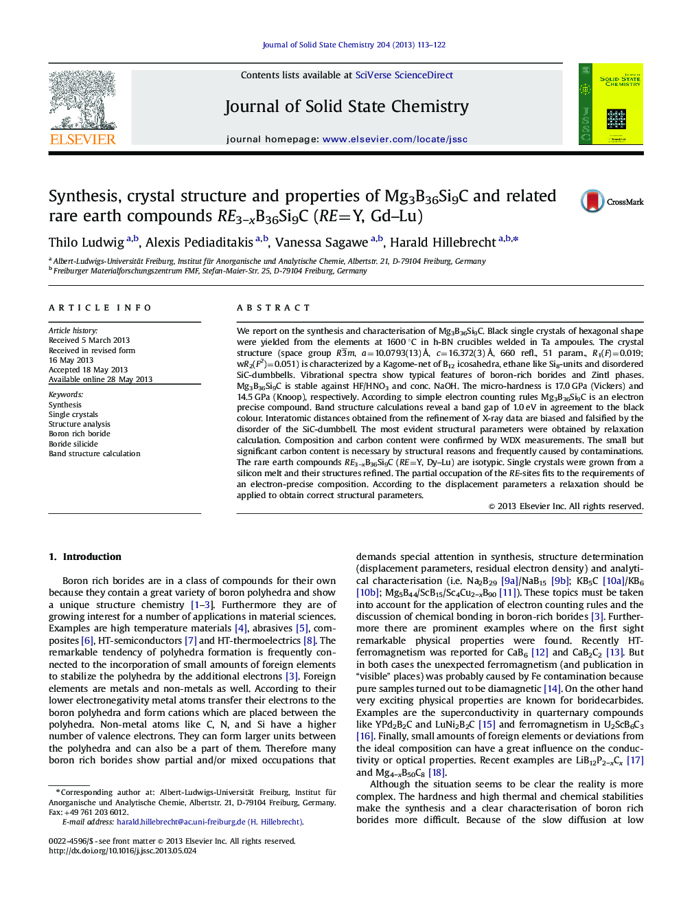 Synthesis, crystal structure and properties of Mg3B36Si9C and related rare earth compounds RE3âxB36Si9C (RE=Y, Gd-Lu)