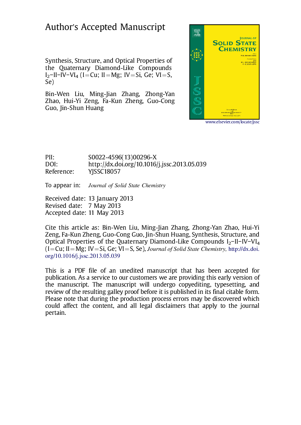 Synthesis, structure, and optical properties of the quaternary diamond-like compounds I2-II-IV-VI4 (I=Cu; II=Mg; IV=Si, Ge; VI=S, Se)