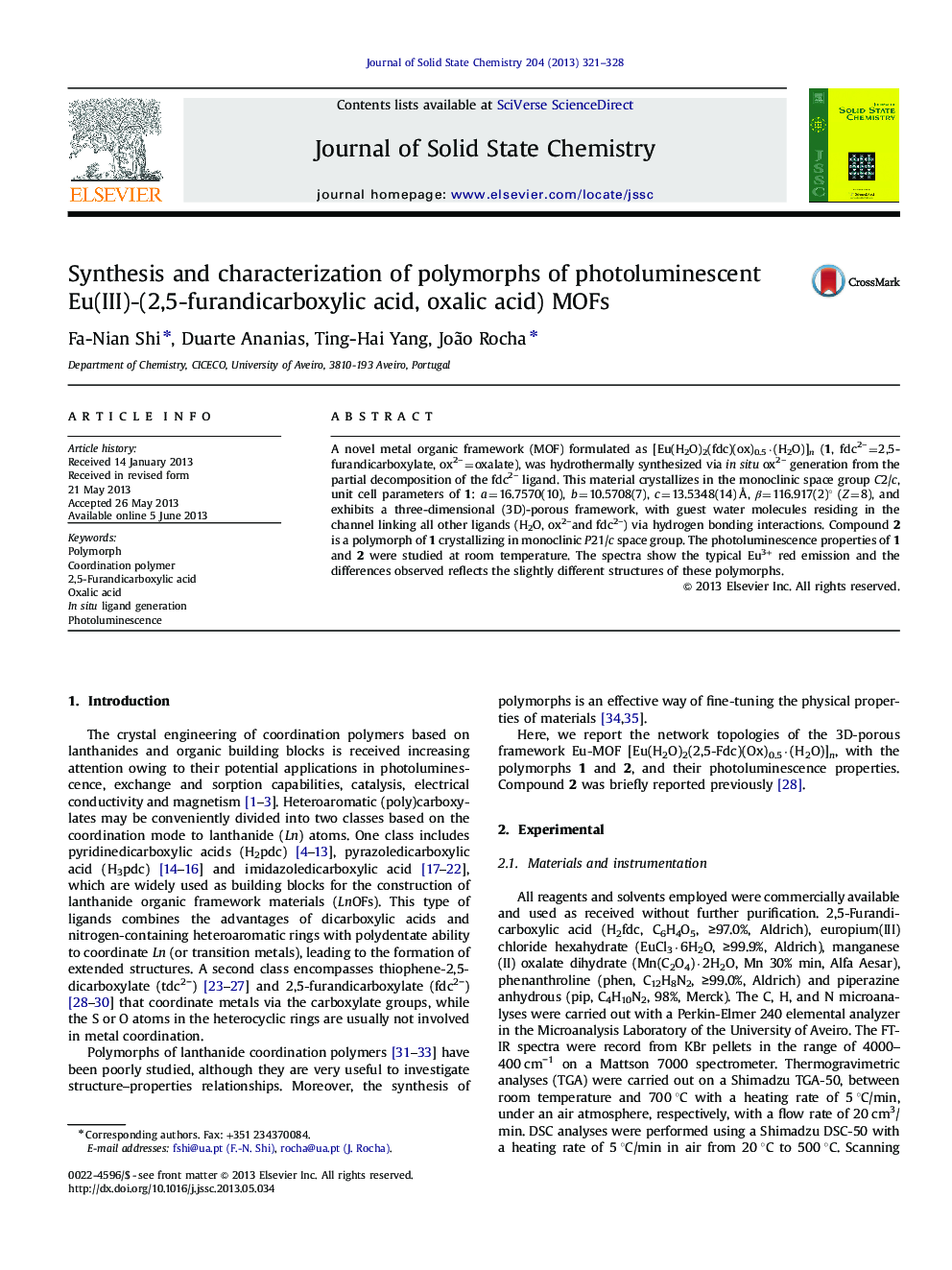 Synthesis and characterization of polymorphs of photoluminescent Eu(III)-(2,5-furandicarboxylic acid, oxalic acid) MOFs