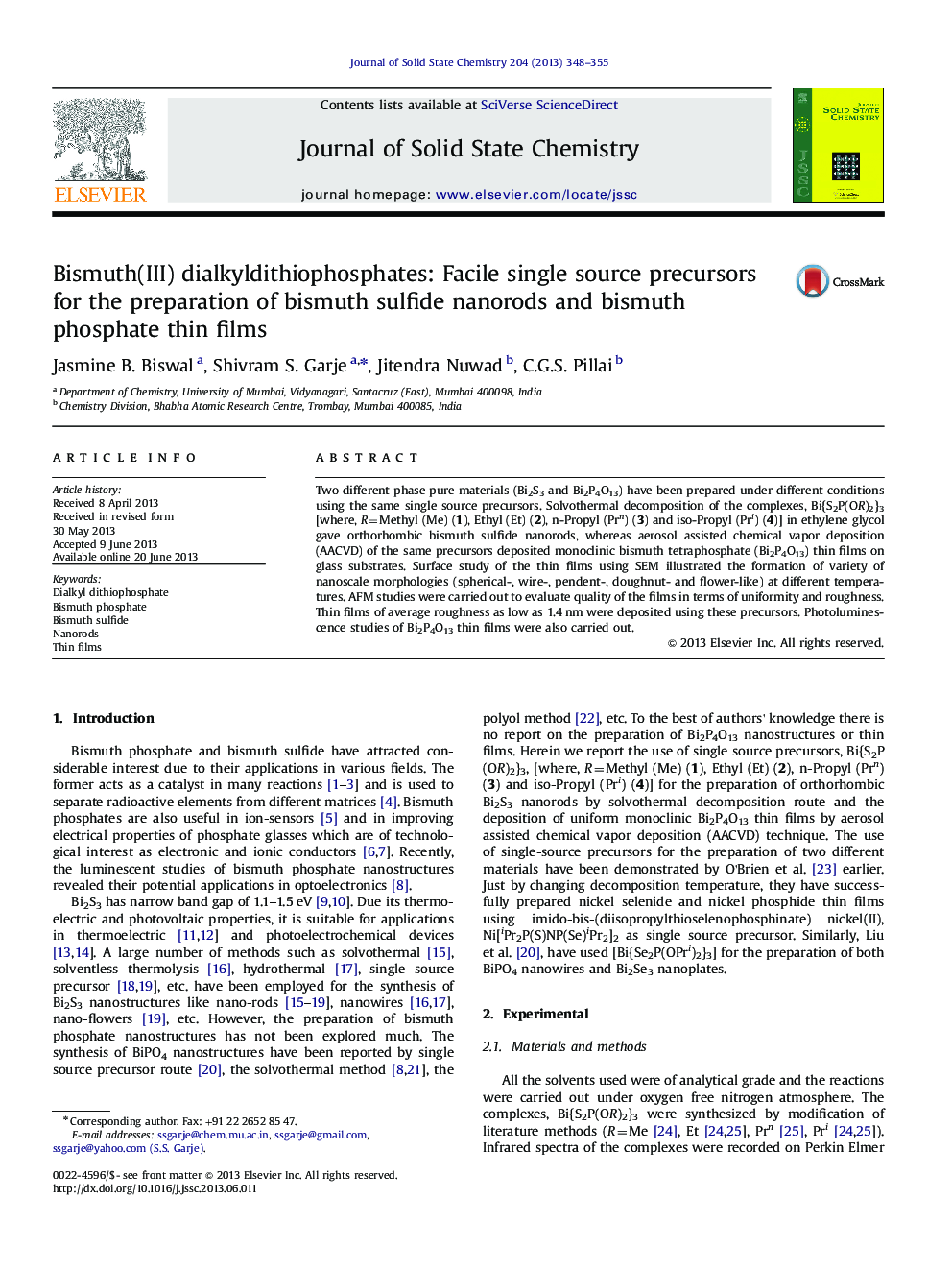 Bismuth(III) dialkyldithiophosphates: Facile single source precursors for the preparation of bismuth sulfide nanorods and bismuth phosphate thin films