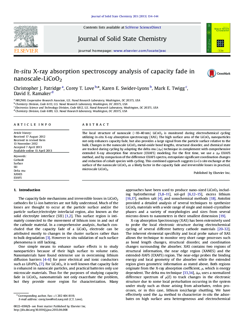 In-situ X-ray absorption spectroscopy analysis of capacity fade in nanoscale-LiCoO2