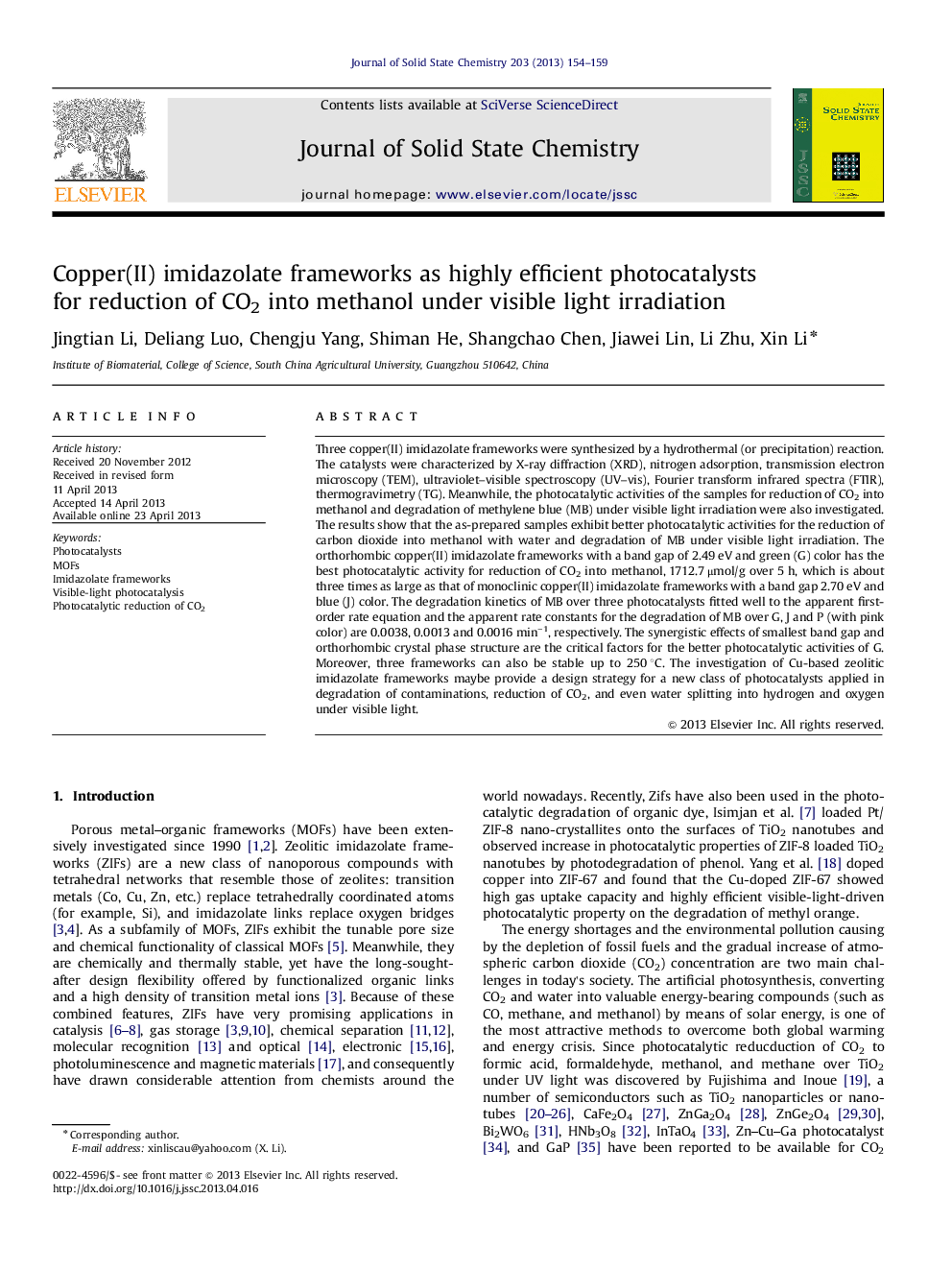 Copper(II) imidazolate frameworks as highly efficient photocatalysts for reduction of CO2 into methanol under visible light irradiation