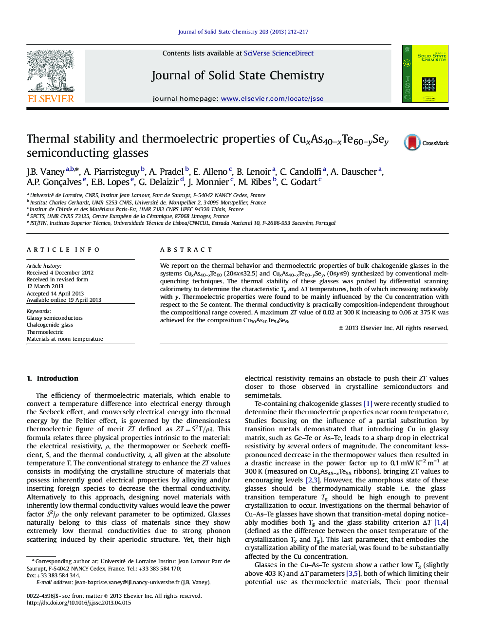 Thermal stability and thermoelectric properties of CuxAs40âxTe60âySey semiconducting glasses