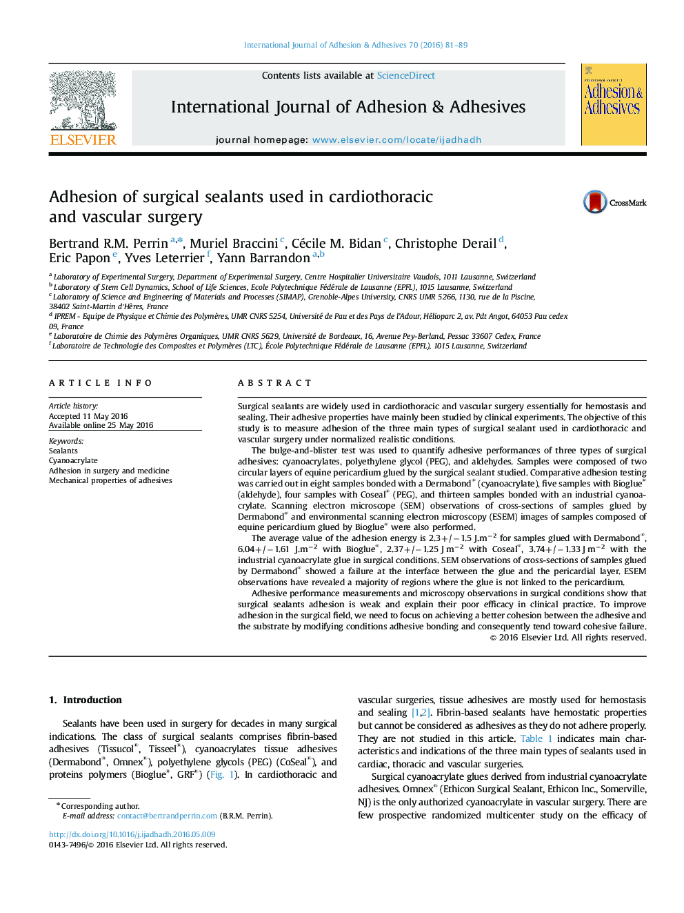 Adhesion of surgical sealants used in cardiothoracic and vascular surgery