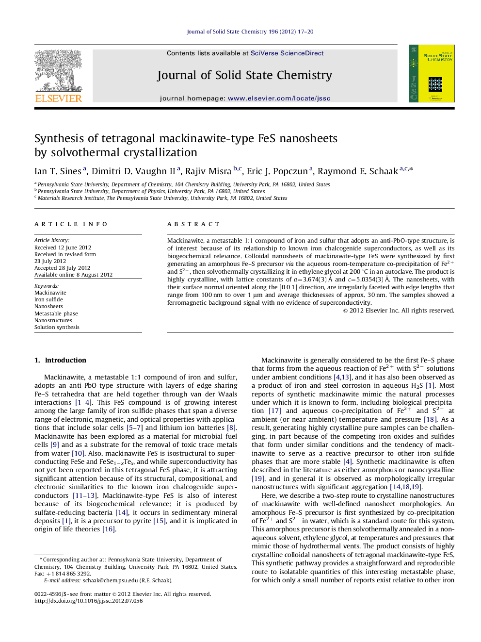 Synthesis of tetragonal mackinawite-type FeS nanosheets by solvothermal crystallization