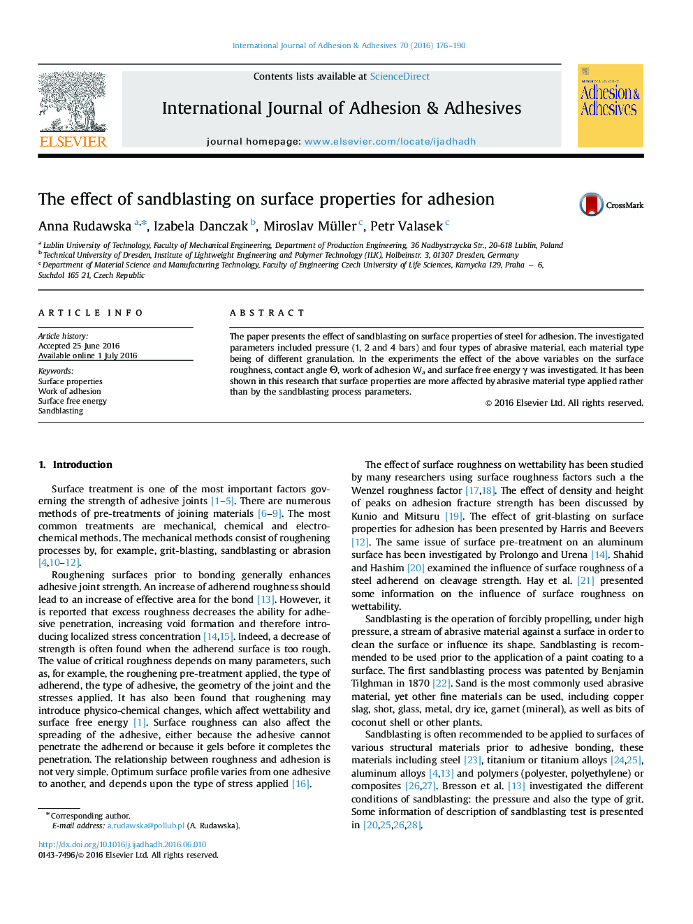 The effect of sandblasting on surface properties for adhesion