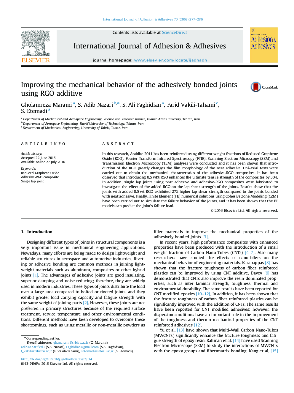 Improving the mechanical behavior of the adhesively bonded joints using RGO additive