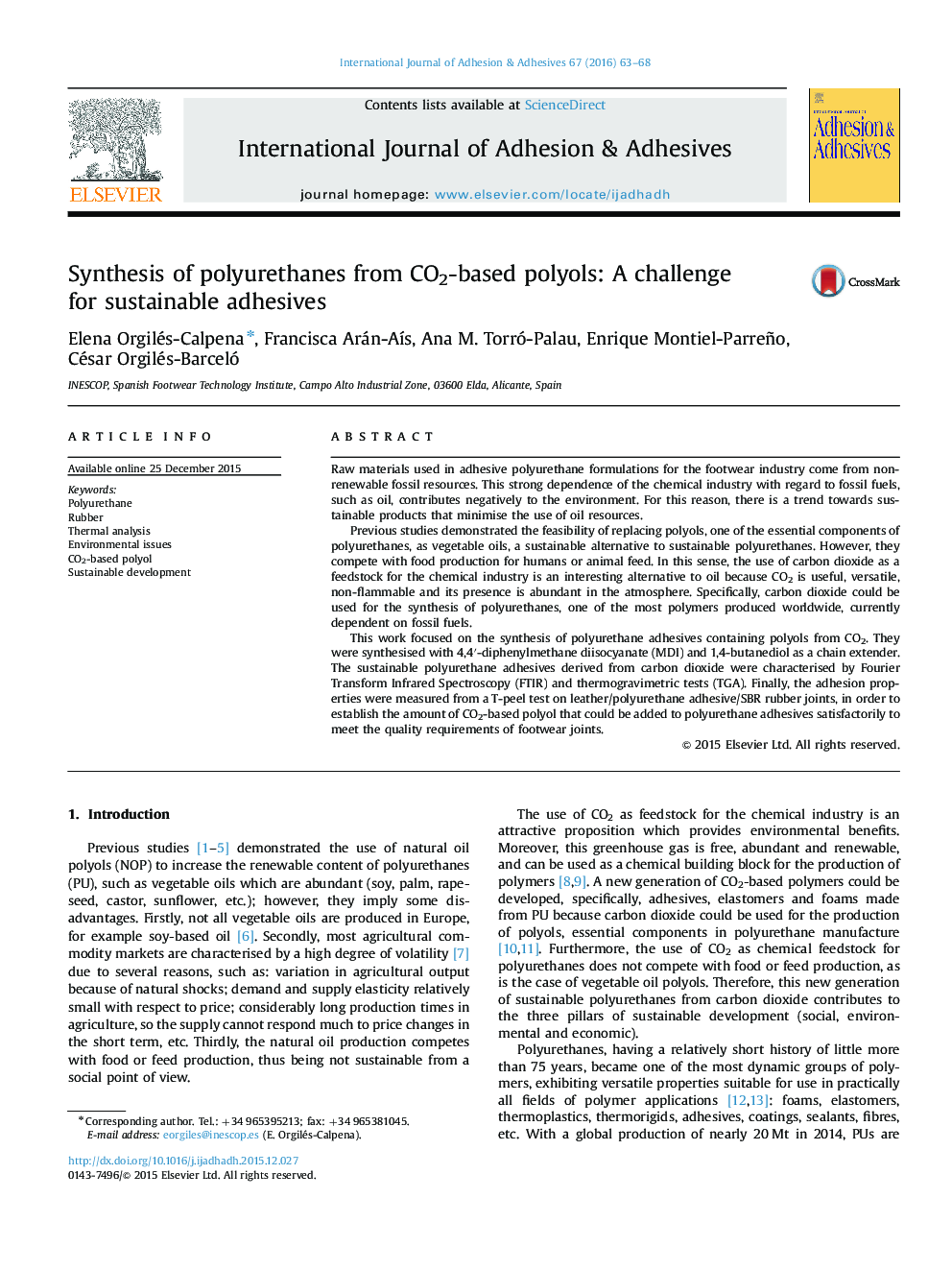 Synthesis of polyurethanes from CO2-based polyols: A challenge for sustainable adhesives