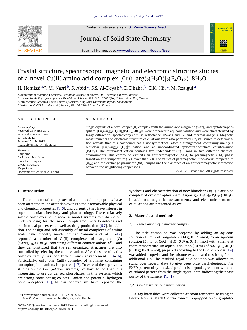 Crystal structure, spectroscopic, magnetic and electronic structure studies of a novel Cu(II) amino acid complex [Cu(l-arg)2(H2O)]2(P4O12)Â·8H2O