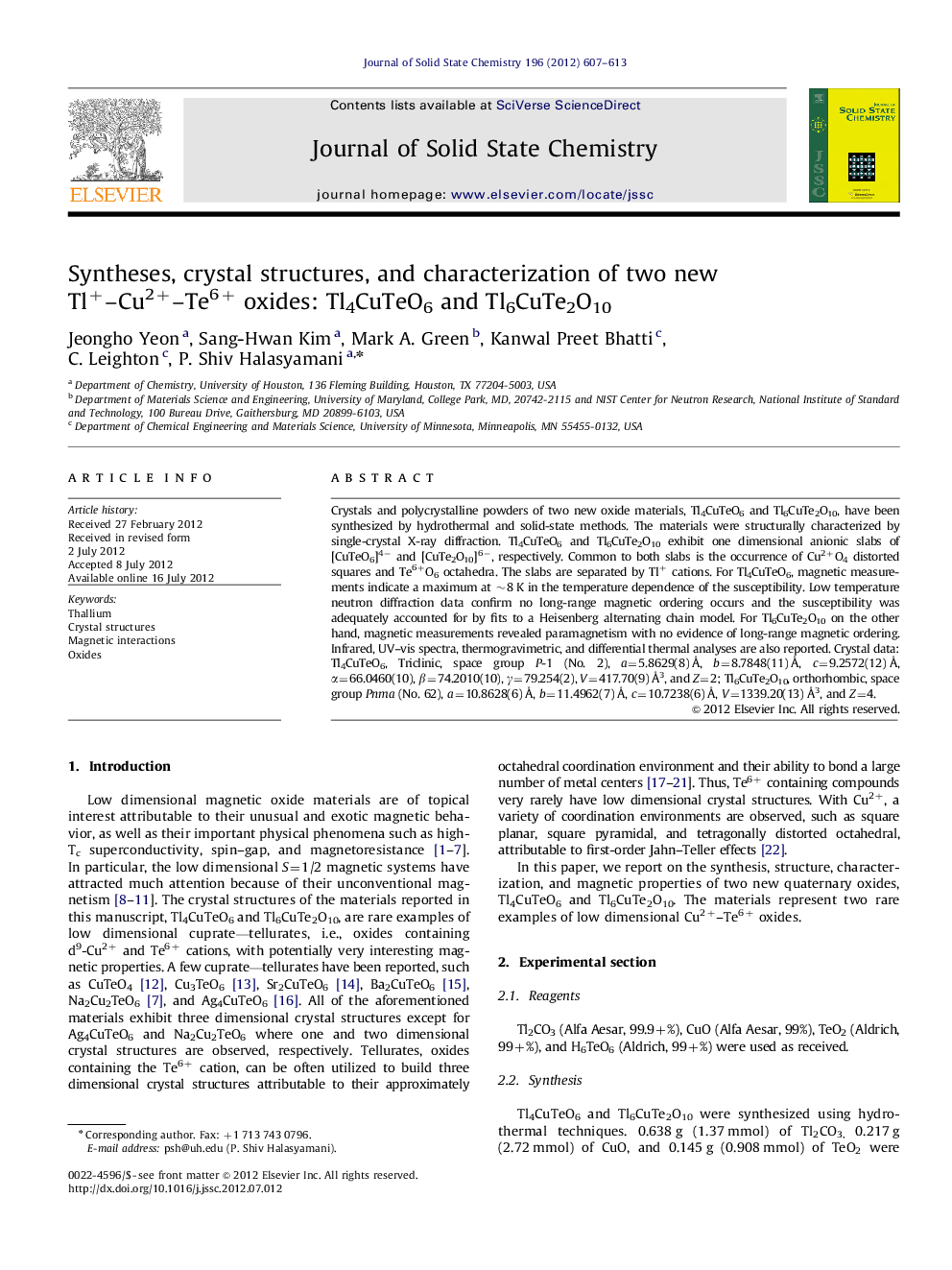 Syntheses, crystal structures, and characterization of two new Tl+-Cu2+-Te6+ oxides: Tl4CuTeO6 and Tl6CuTe2O10