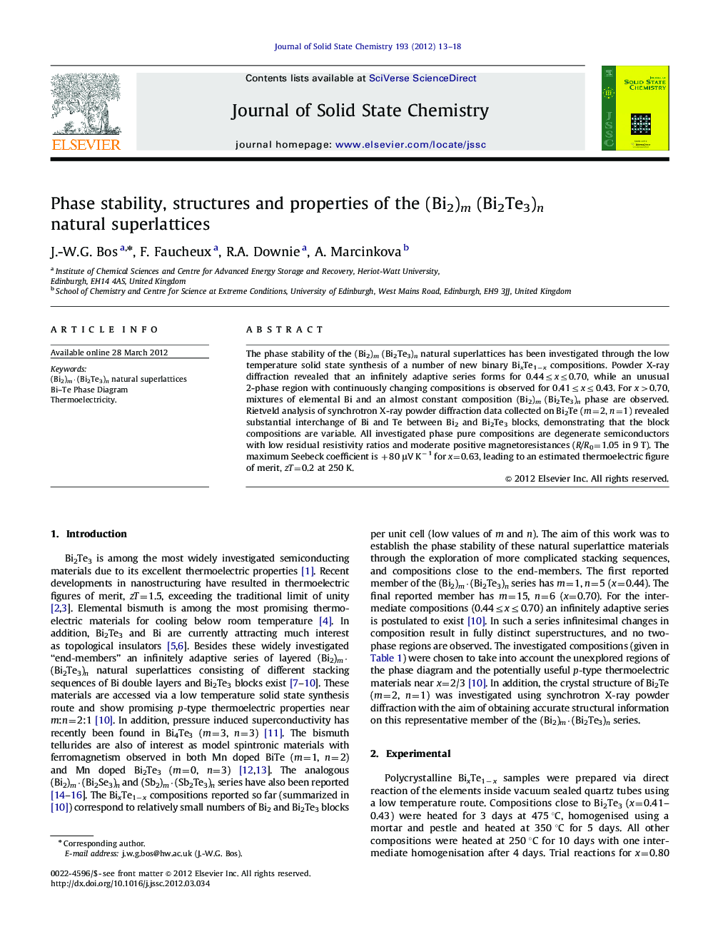 عکس صفحه اول مقاله: Phase stability, structures and properties of the (Bi2)m (Bi2Te3)n natural superlattices Phase stability, structures and properties of the (Bi2)m (Bi2Te3)n natural superlattices