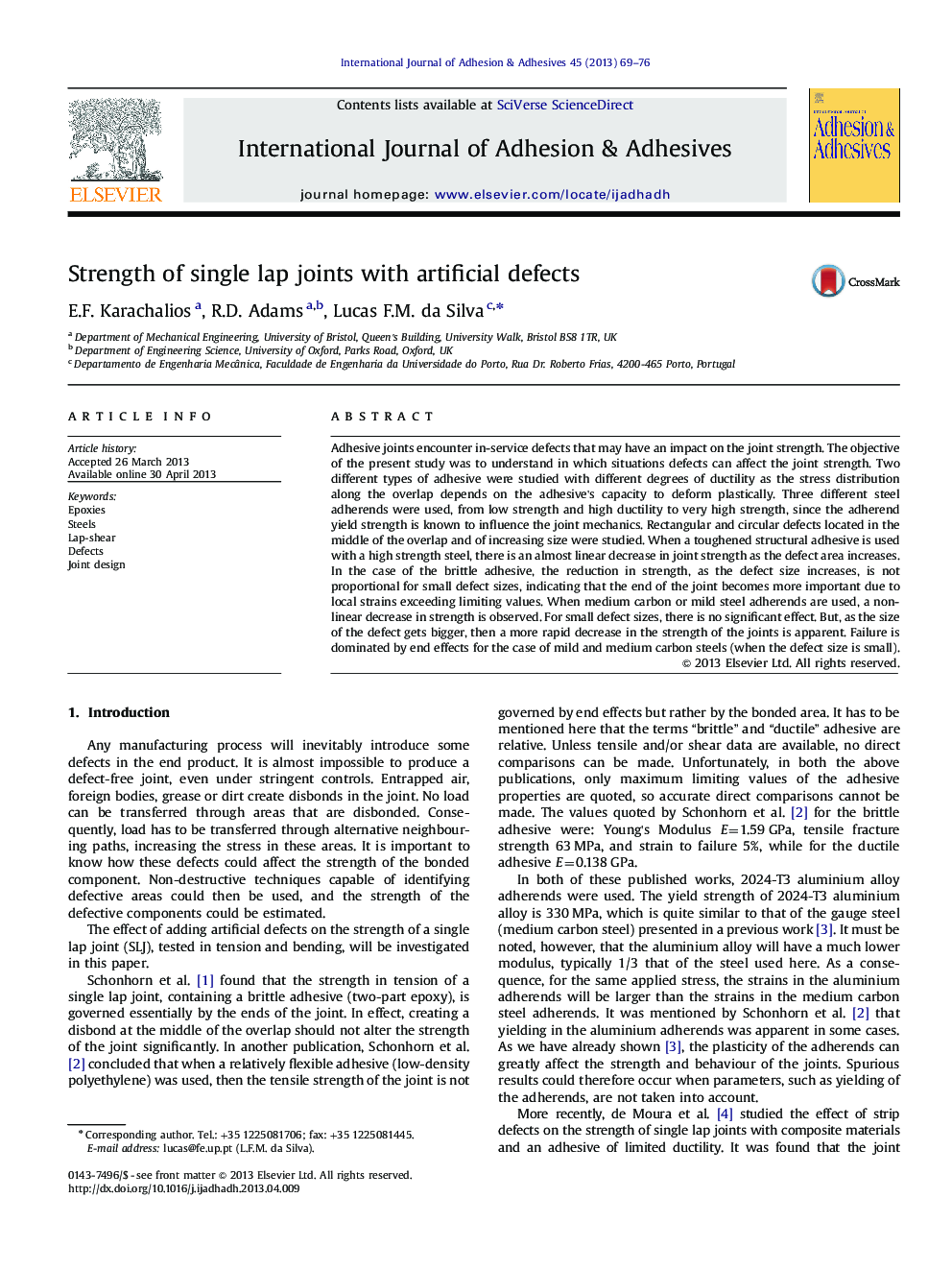 Strength of single lap joints with artificial defects