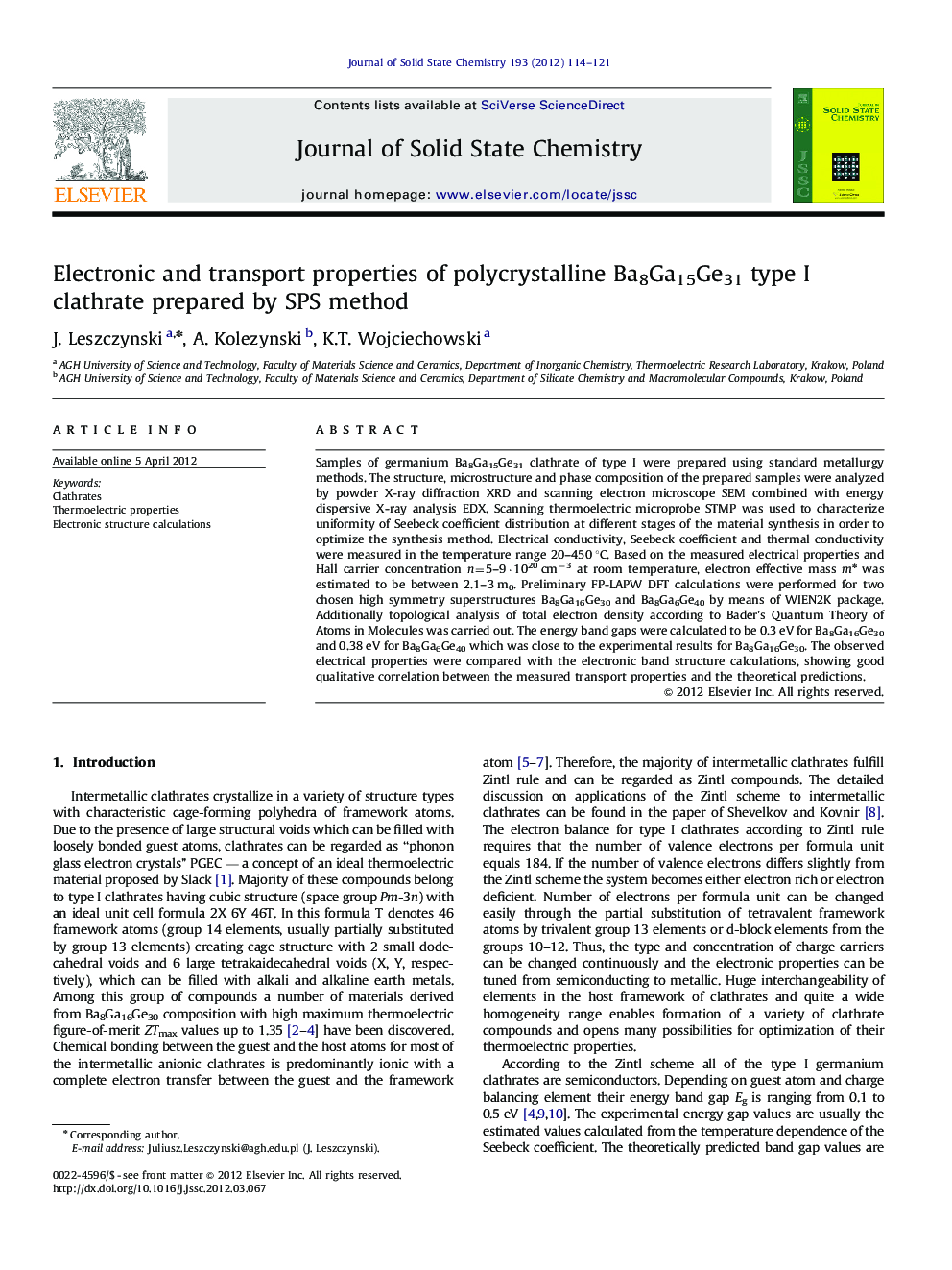 Electronic and transport properties of polycrystalline Ba8Ga15Ge31 type I clathrate prepared by SPS method