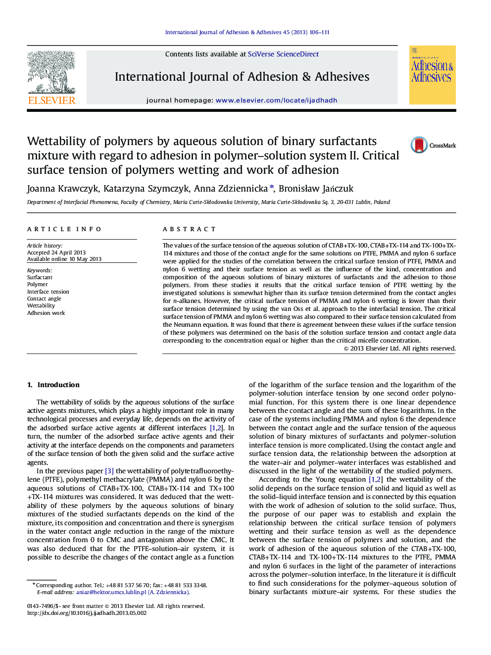 Wettability of polymers by aqueous solution of binary surfactants mixture with regard to adhesion in polymer–solution system II. Critical surface tension of polymers wetting and work of adhesion
