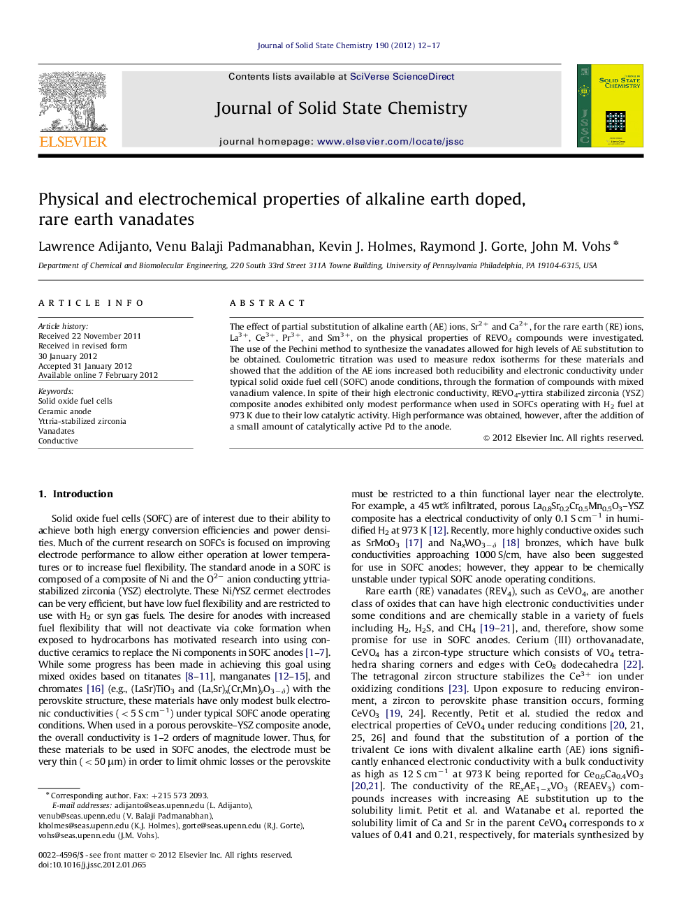 Physical and electrochemical properties of alkaline earth doped, rare earth vanadates