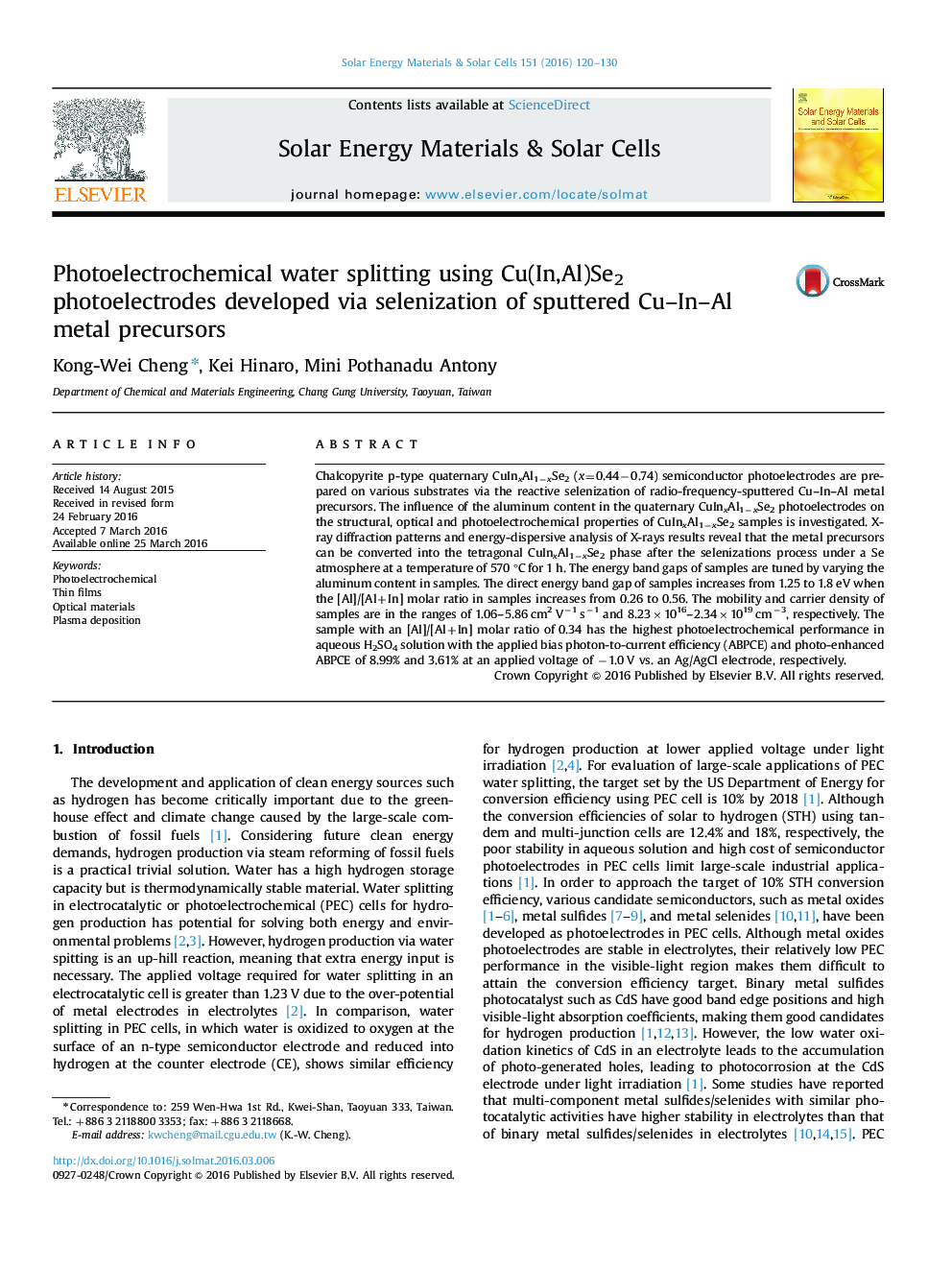 Photoelectrochemical water splitting using Cu(In,Al)Se2 photoelectrodes developed via selenization of sputtered Cu–In–Al metal precursors