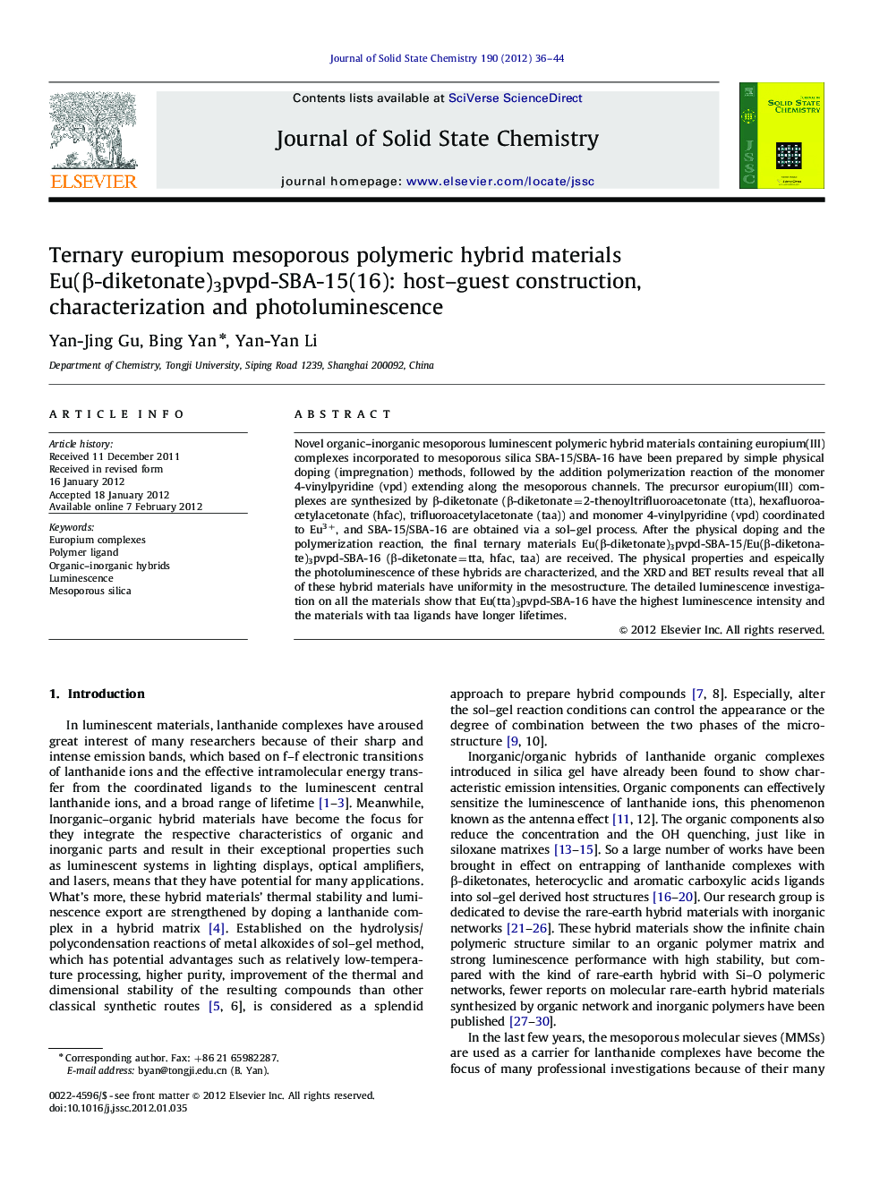 Ternary europium mesoporous polymeric hybrid materials Eu(Î²-diketonate)3pvpd-SBA-15(16): host-guest construction, characterization and photoluminescence