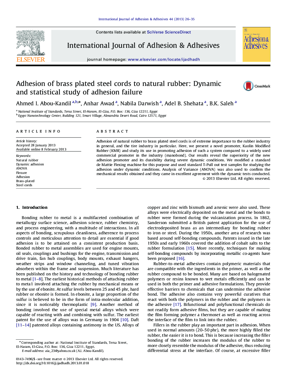 Adhesion of brass plated steel cords to natural rubber: Dynamic and statistical study of adhesion failure