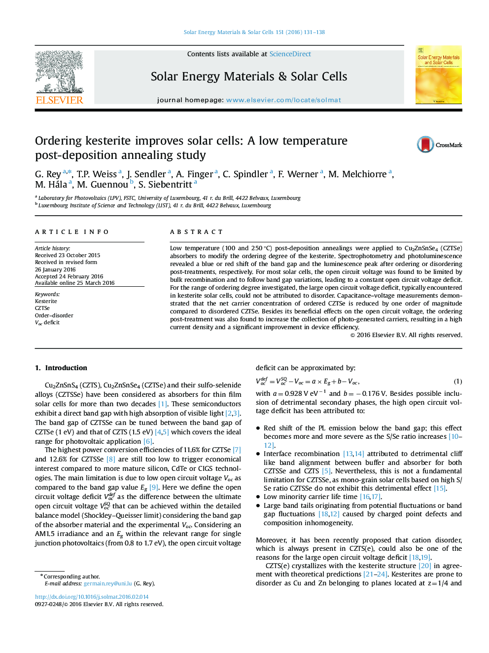 Ordering kesterite improves solar cells: A low temperature post-deposition annealing study