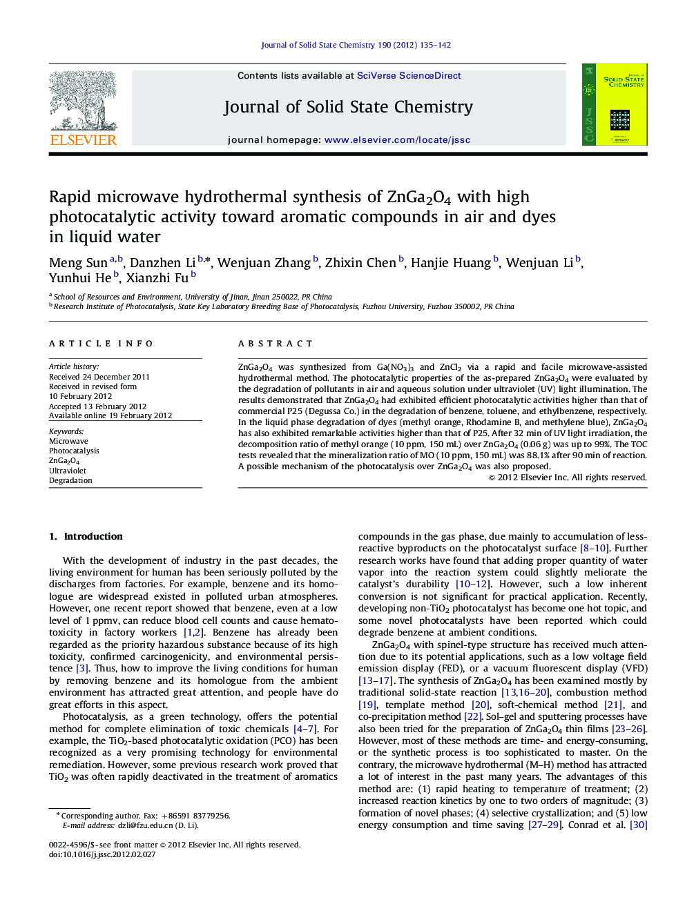 Rapid microwave hydrothermal synthesis of ZnGa2O4 with high photocatalytic activity toward aromatic compounds in air and dyes in liquid water