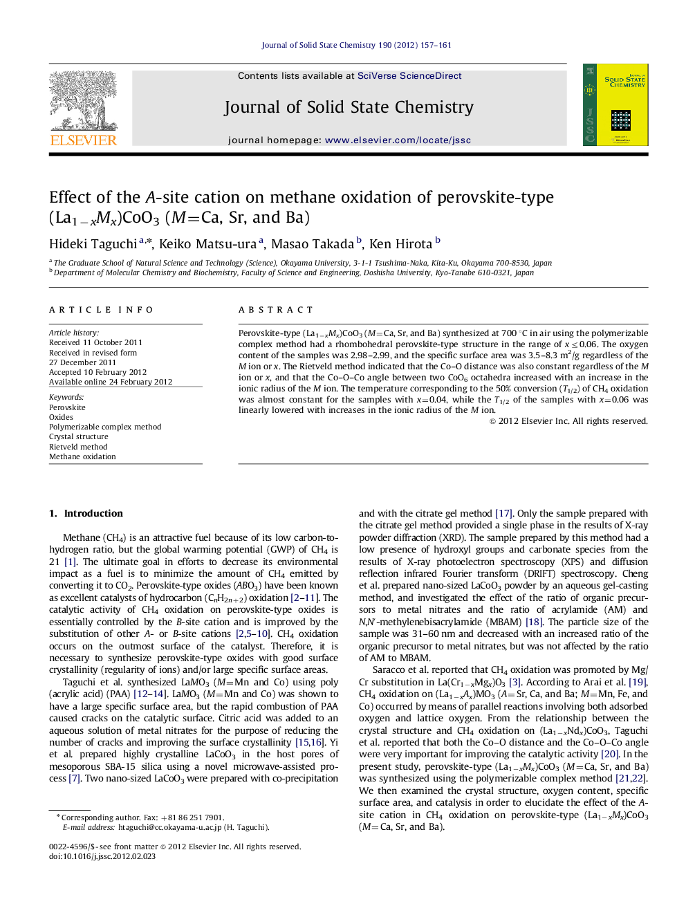 Effect of the A-site cation on methane oxidation of perovskite-type (La1âxMx)CoO3 (M=Ca, Sr, and Ba)