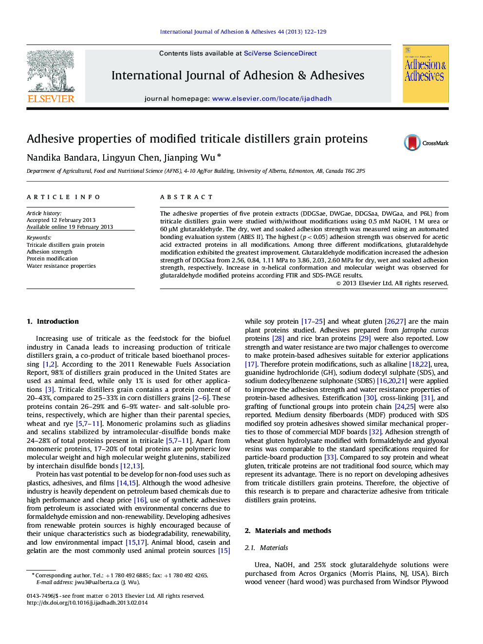 Adhesive properties of modified triticale distillers grain proteins