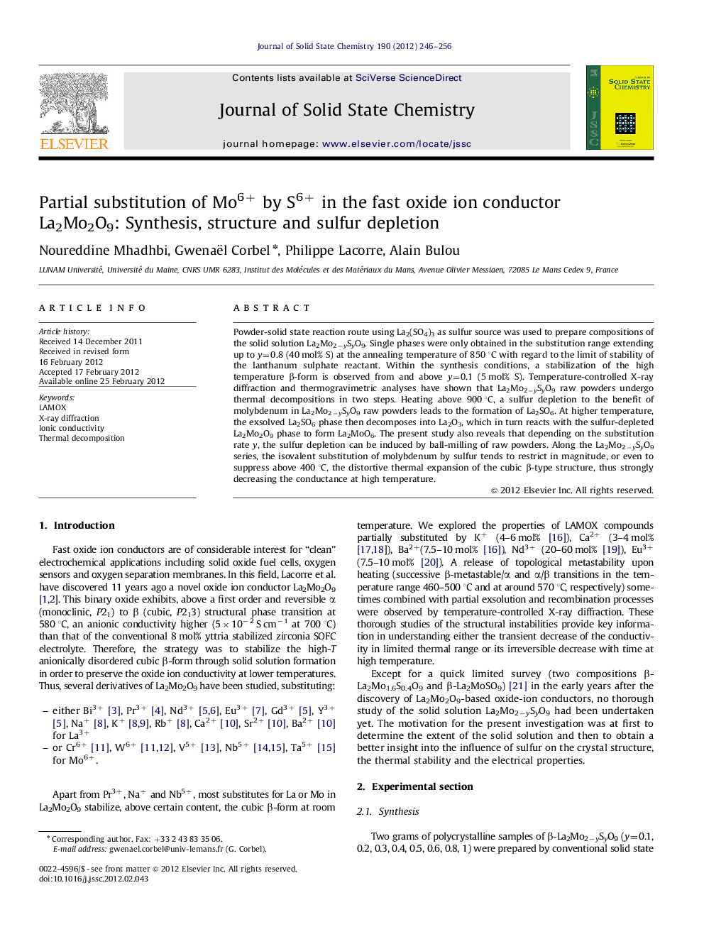 Partial substitution of Mo6+ by S6+ in the fast oxide ion conductor La2Mo2O9: Synthesis, structure and sulfur depletion