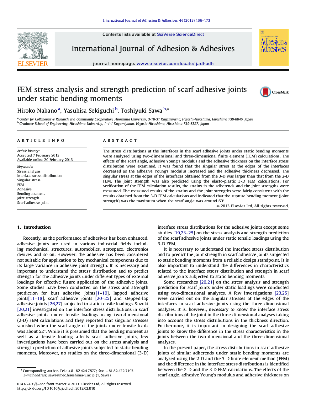 FEM stress analysis and strength prediction of scarf adhesive joints under static bending moments