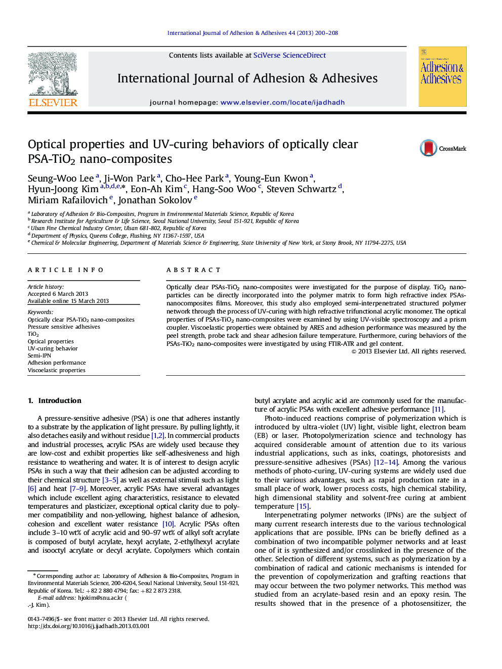 Optical properties and UV-curing behaviors of optically clear PSA-TiO2 nano-composites