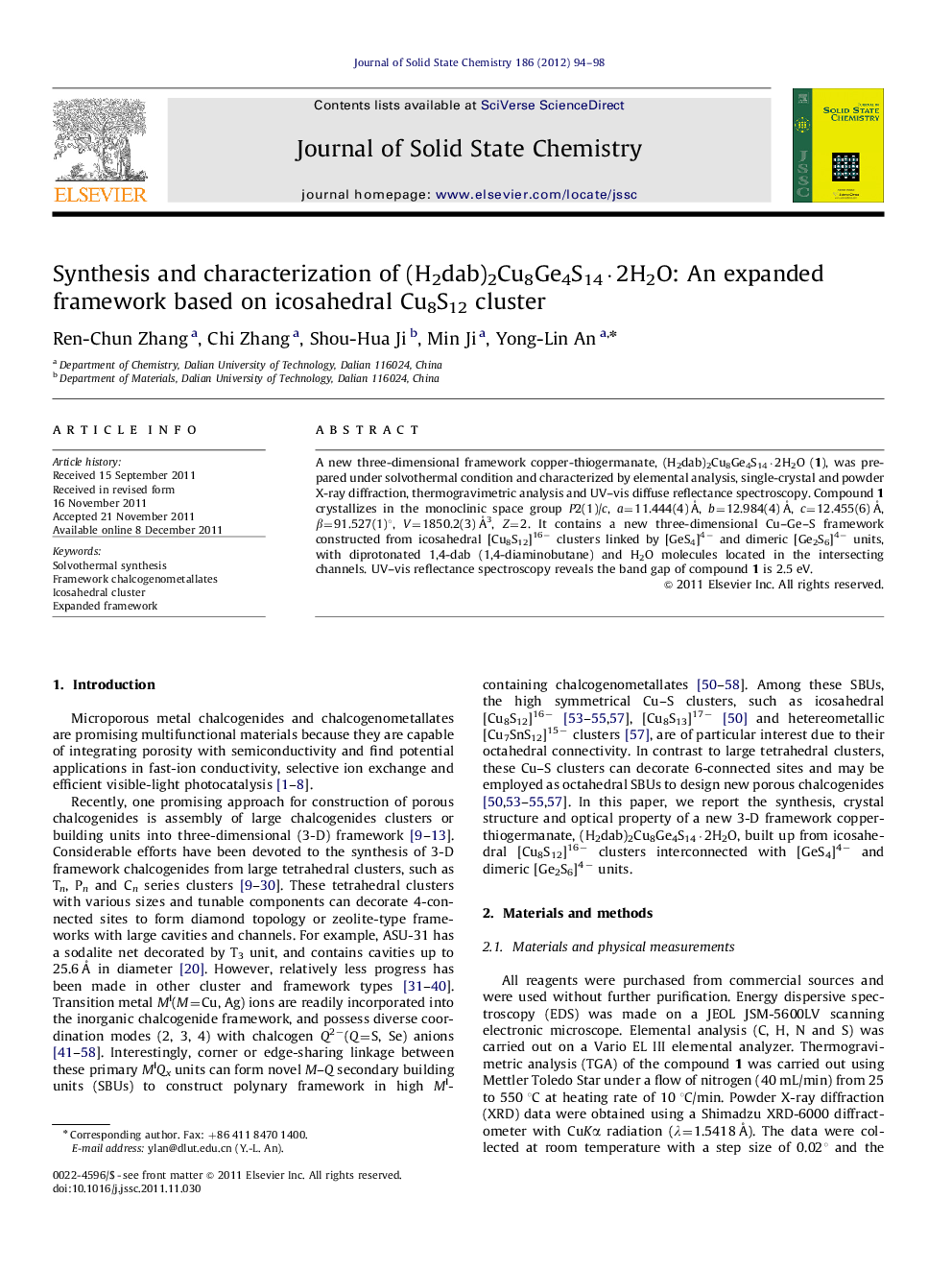 Synthesis and characterization of (H2dab)2Cu8Ge4S14Â·2H2O: An expanded framework based on icosahedral Cu8S12 cluster