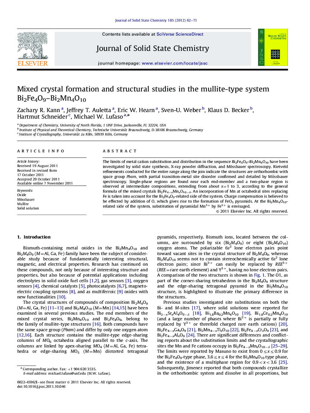 Mixed crystal formation and structural studies in the mullite-type system Bi2Fe4O9-Bi2Mn4O10