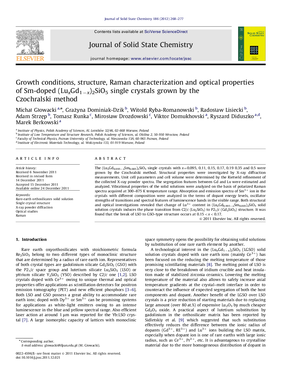 Growth conditions, structure, Raman characterization and optical properties of Sm-doped (LuxGd1âx)2SiO5 single crystals grown by the Czochralski method