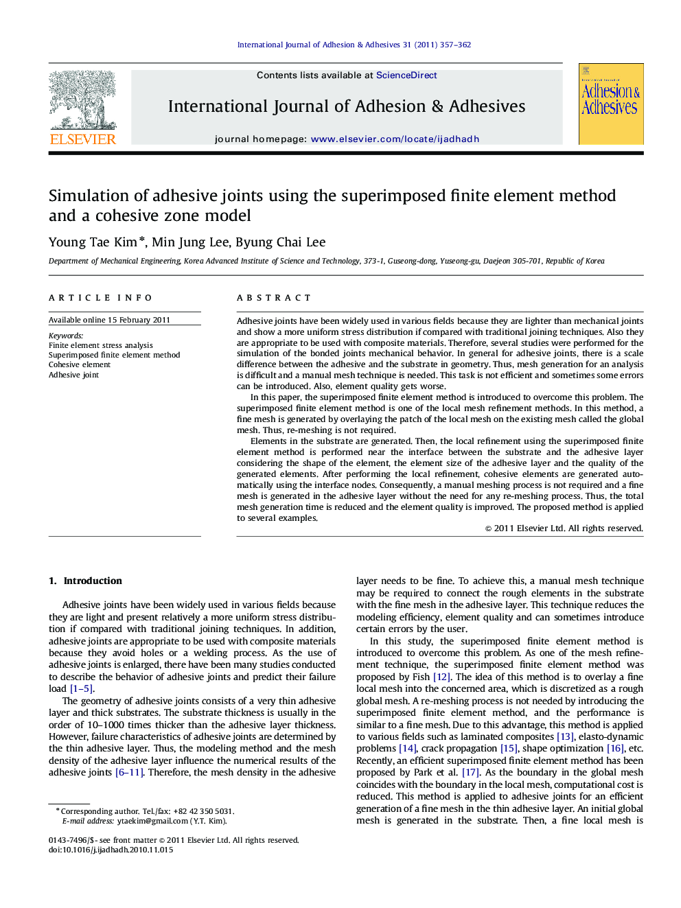 Simulation of adhesive joints using the superimposed finite element method and a cohesive zone model