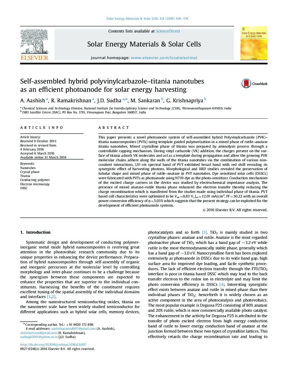 Self-assembled hybrid polyvinylcarbazole–titania nanotubes as an efficient photoanode for solar energy harvesting