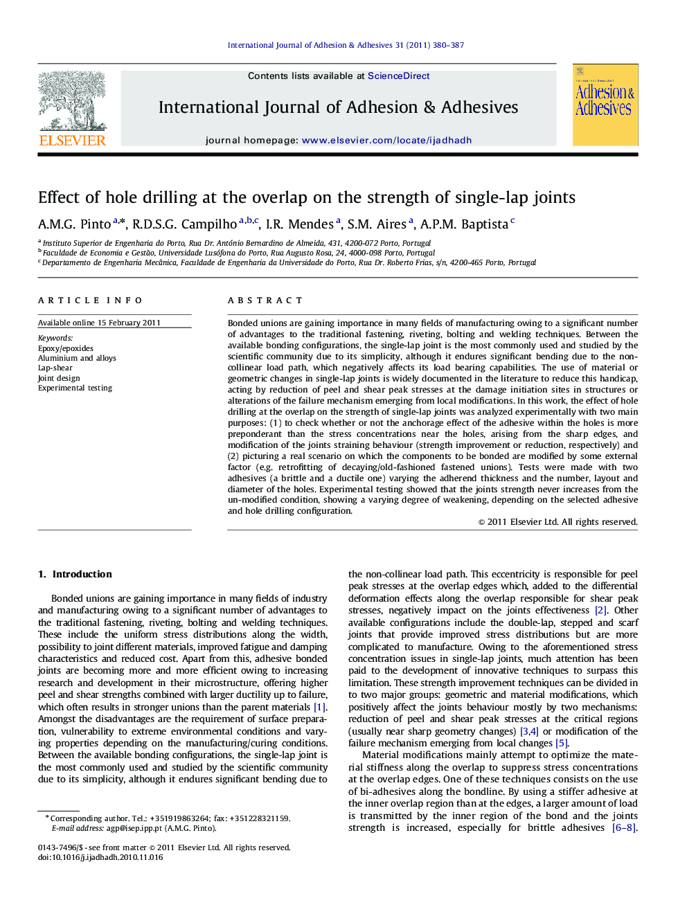 Effect of hole drilling at the overlap on the strength of single-lap joints