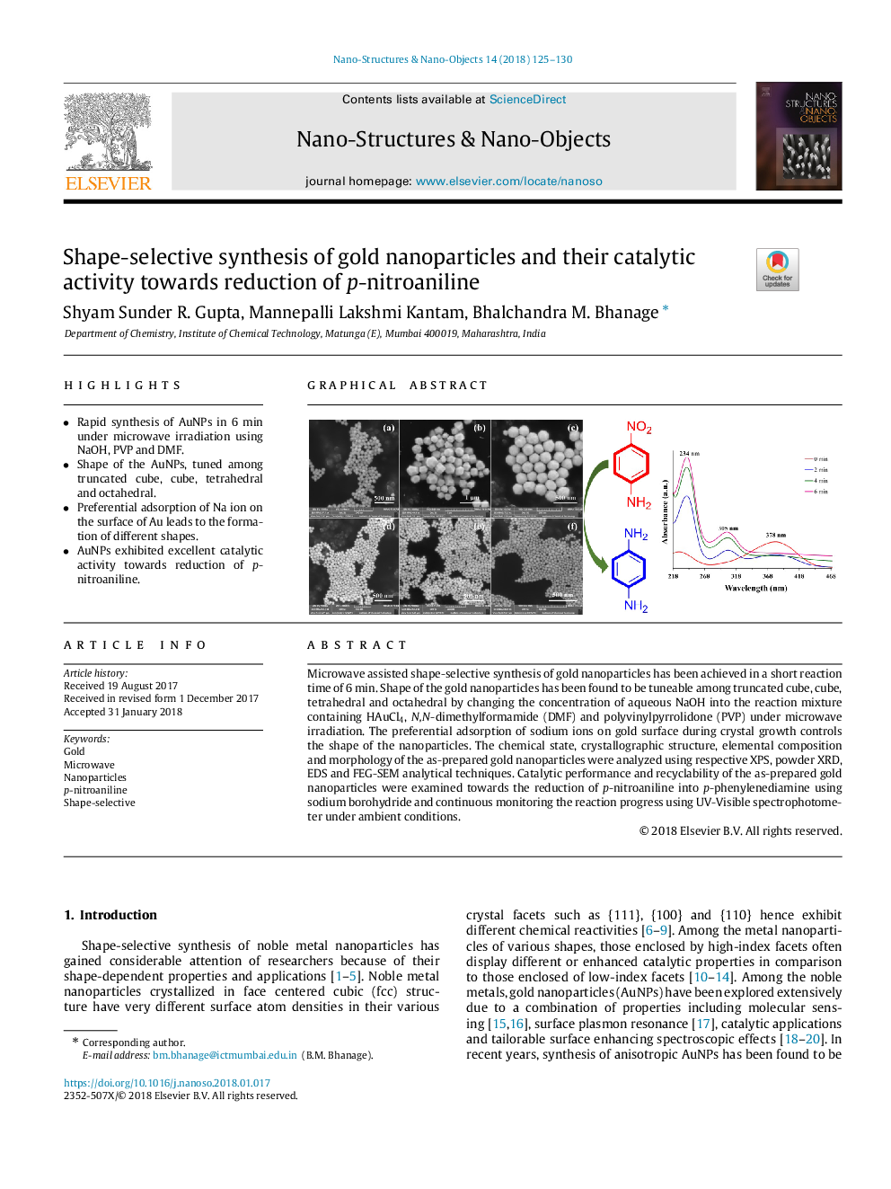 Shape-selective synthesis of gold nanoparticles and their catalytic activity towards reduction of p-nitroaniline