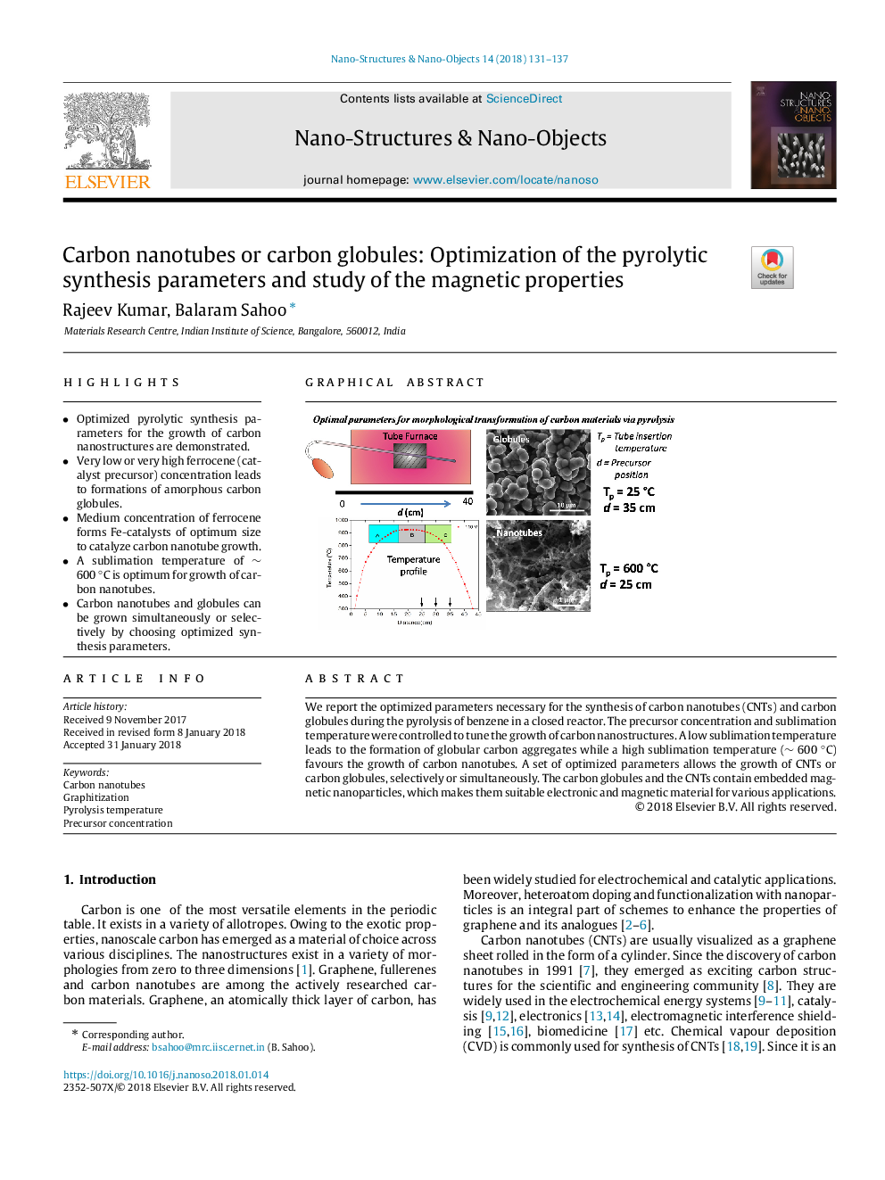 Carbon nanotubes or carbon globules: Optimization of the pyrolytic synthesis parameters and study of the magnetic properties