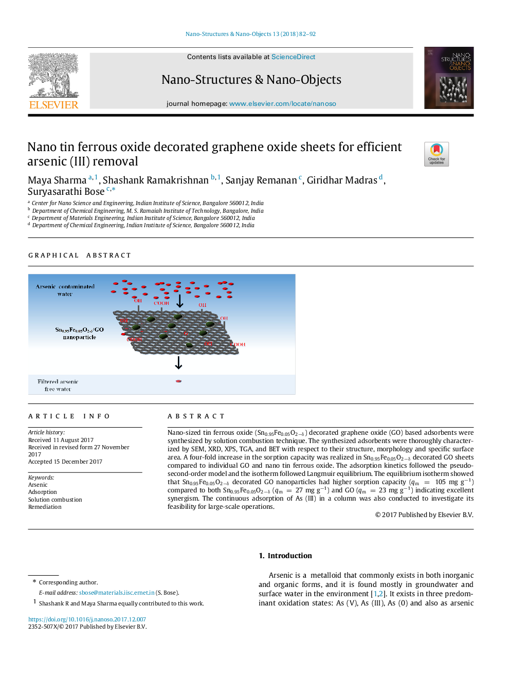 Nano tin ferrous oxide decorated graphene oxide sheets for efficient arsenic (III) removal