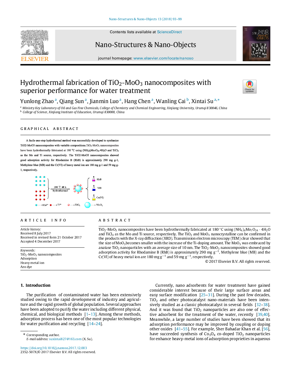 Hydrothermal fabrication of TiO2-MoO3 nanocomposites with superior performance for water treatment