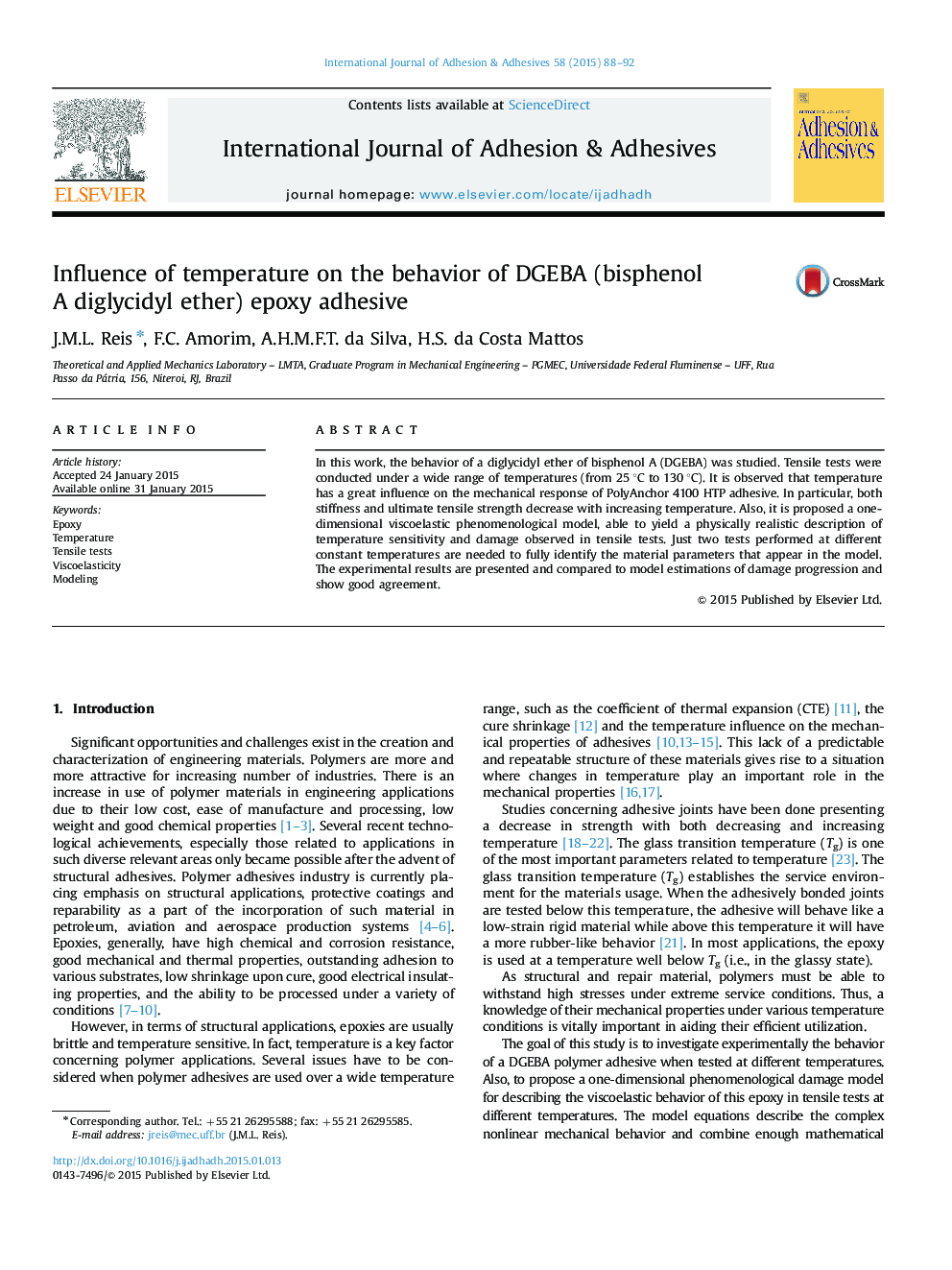 Influence of temperature on the behavior of DGEBA (bisphenol A diglycidyl ether) epoxy adhesive