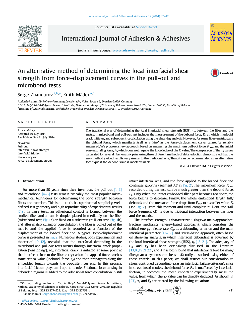 An alternative method of determining the local interfacial shear strength from force–displacement curves in the pull-out and microbond tests