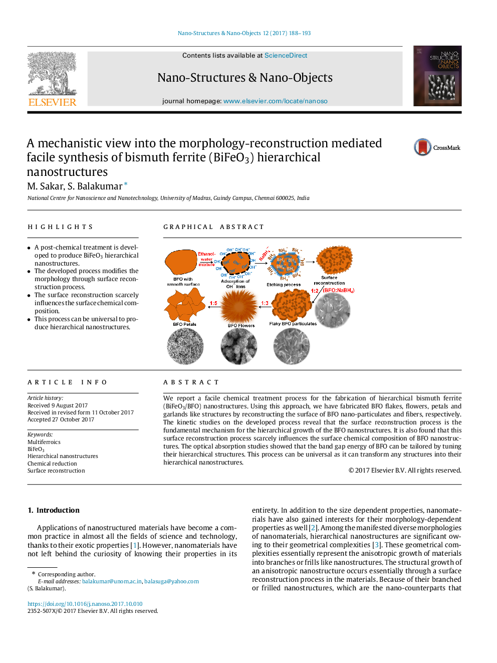 A mechanistic view into the morphology-reconstruction mediated facile synthesis of bismuth ferrite (BiFeO3) hierarchical nanostructures