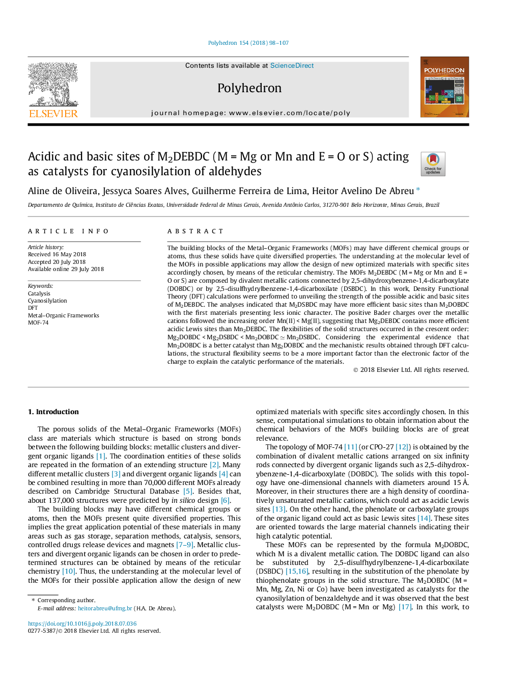 Acidic and basic sites of M2DEBDC (Mâ¯=â¯Mg or Mn and Eâ¯=â¯O or S) acting as catalysts for cyanosilylation of aldehydes