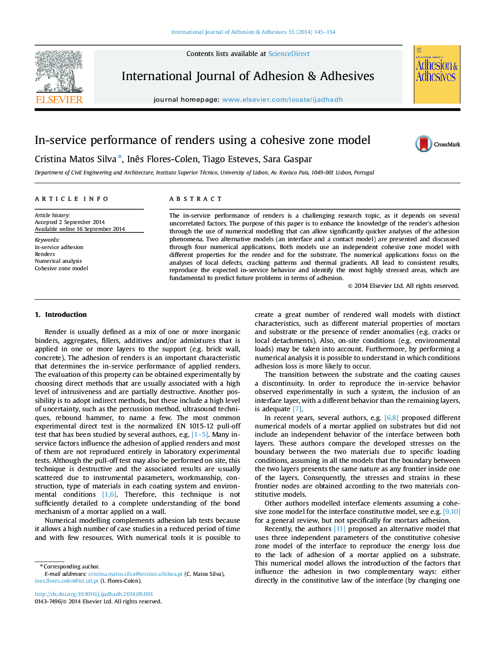 In-service performance of renders using a cohesive zone model