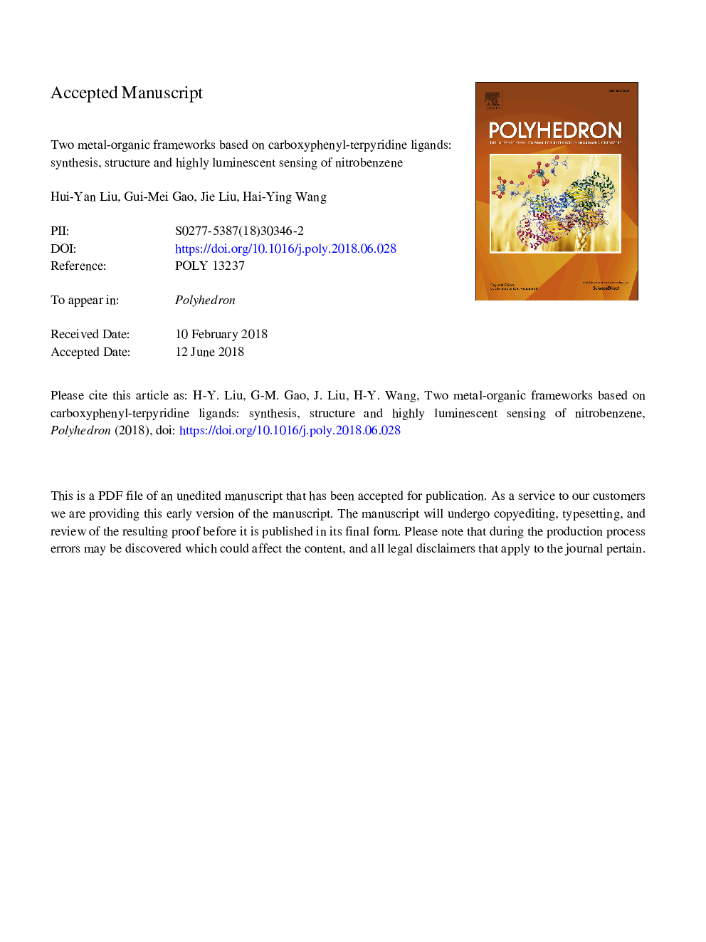 Two metal-organic frameworks based on carboxyphenyl-terpyridine ligands: Synthesis, structure and highly luminescent sensing of nitrobenzene