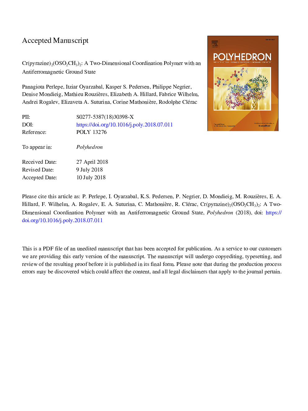 Cr(pyrazine)2(OSO2CH3)2: A two-dimensional coordination polymer with an antiferromagnetic ground state