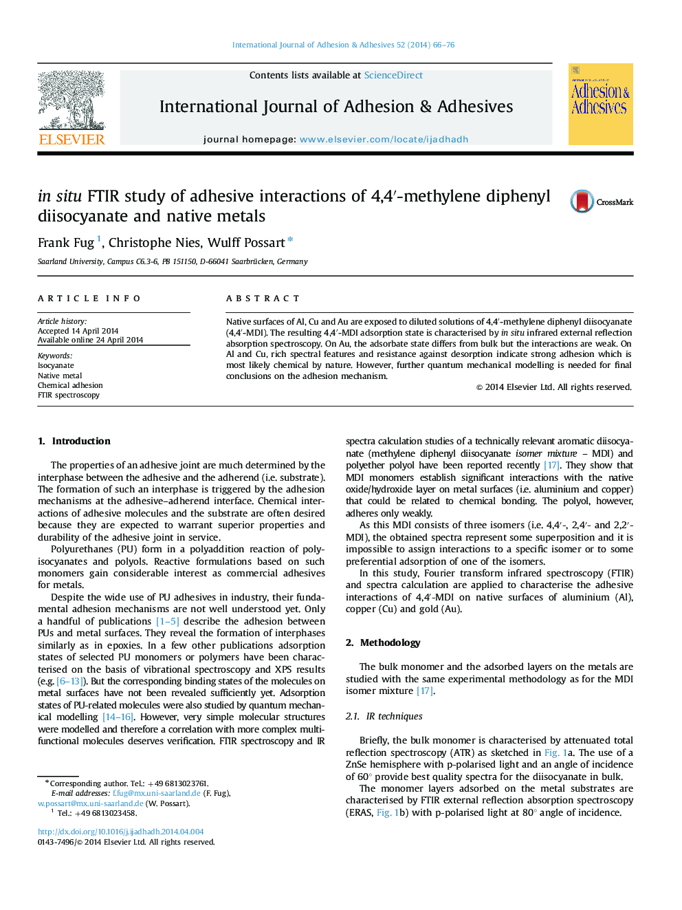 in situ FTIR study of adhesive interactions of 4,4′-methylene diphenyl diisocyanate and native metals