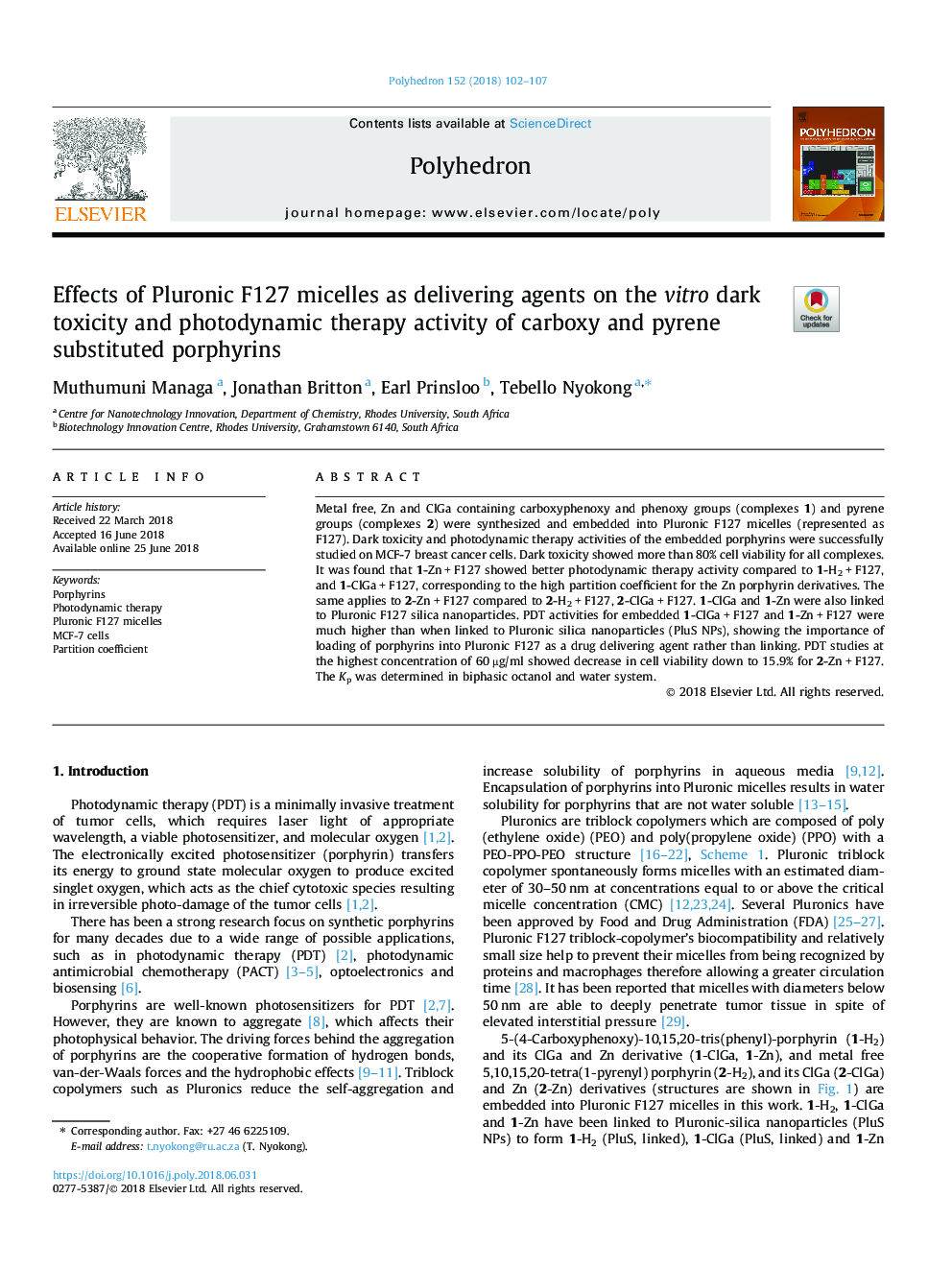 Effects of Pluronic F127 micelles as delivering agents on the vitro dark toxicity and photodynamic therapy activity of carboxy and pyrene substituted porphyrins